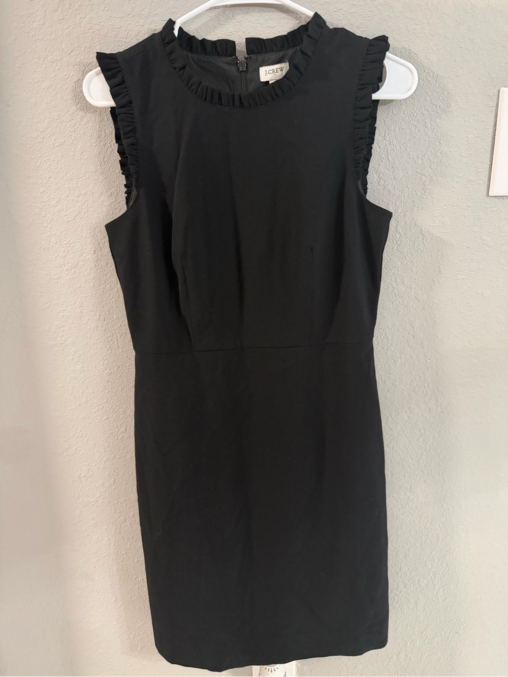 J. Crew Black Sleeveless Sheath Dress with Ruffle Trim